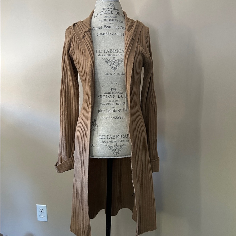 Hooded Belted Cardigan, Ribbed, Tan, (Size medium)